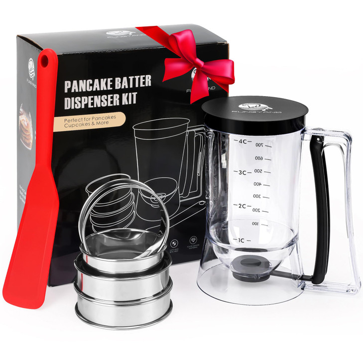 FUNGYAND Pancake Batter Dispenser, 4-Cup Set with Muffin Rings & Spatula - Ideal for Pancakes, Cupcakes, Waffles, and Muffins, Easy Squeeze Handle