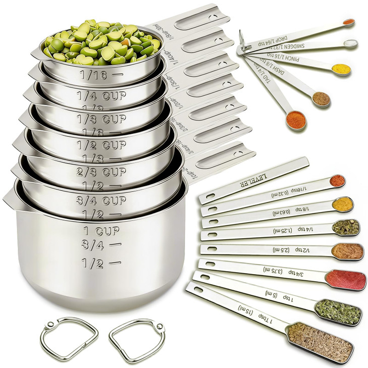 EWFEN Measuring Cups and Spoons Set, 7 Stainless Steel Nesting Measuring Cups & 7 Spoons, 5 Mini Measuring Spoons &1 Leveler, Kitchen Gadgets for Coo