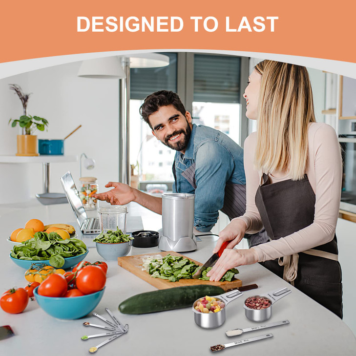 EWFEN Measuring Cups and Spoons Set, 7 Stainless Steel Nesting Measuring Cups & 7 Spoons, 5 Mini Measuring Spoons &1 Leveler, Kitchen Gadgets for Coo