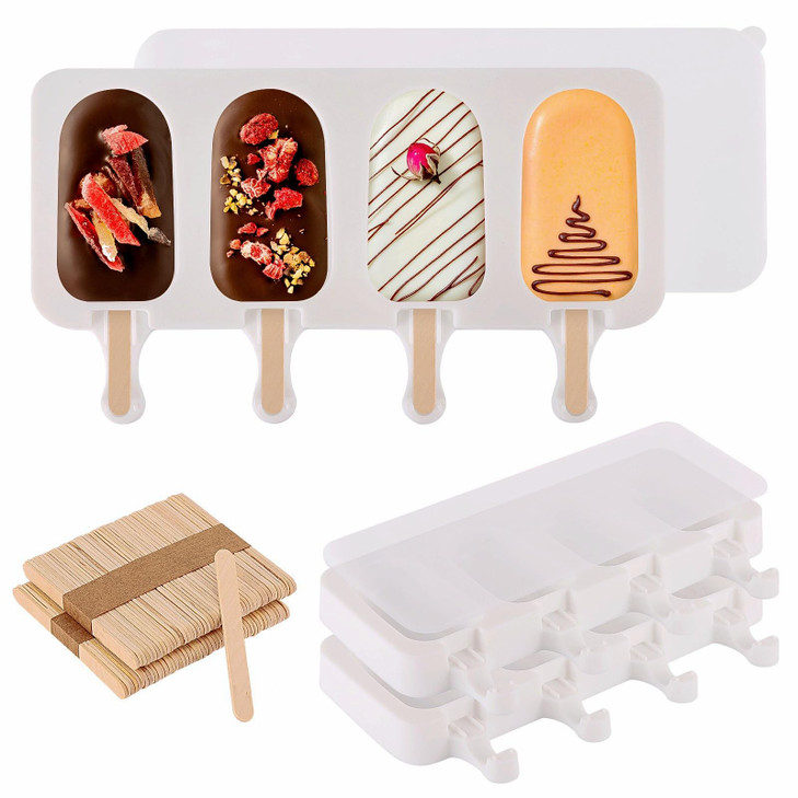 3 Set Popsicles Molds with Lids and 100 Pcs Wooden Popsicles Sticks, Standard Size 4 Cavities Silicone Ice Pop Molds for Making Cakesicles, Cake Pops