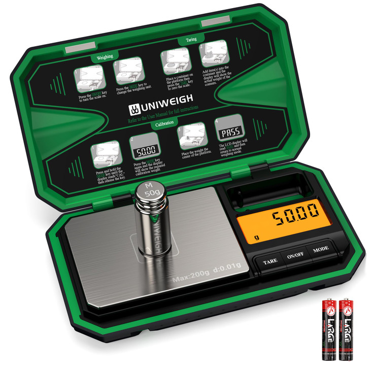 UNIWEIGH Digital Pocket Scale Precision 200g/0.01g, Digital Scale Grams Ounces, Mini Jewelry Scale, Coins Scale with 50g Cal Weights for Gold/Silver/