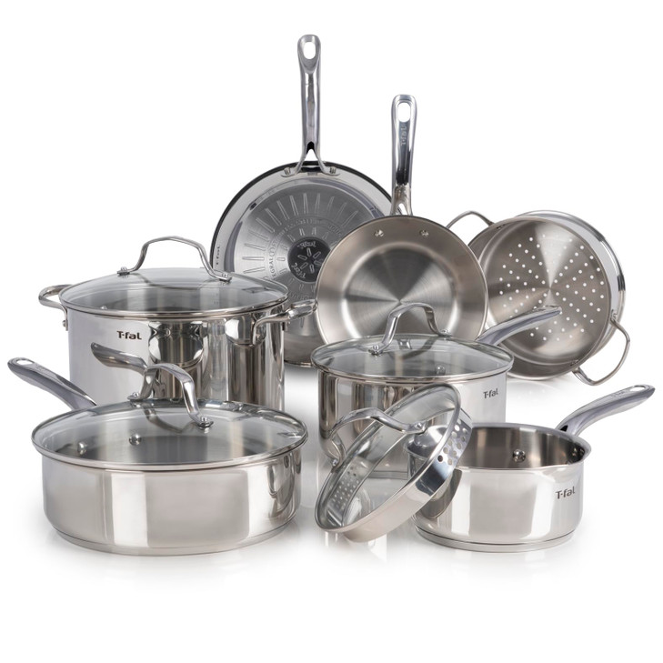 T-fal Stainless Steel Cookware Set, 11 Piece, Induction Cookware, Oven Safe to 500°F, Kitchen Cooking Set w/Fry Pans, Pots and Pans, Dutch Oven, Sauc