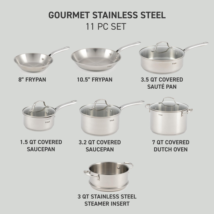 T-fal Stainless Steel Cookware Set, 11 Piece, Induction Cookware, Oven Safe to 500°F, Kitchen Cooking Set w/Fry Pans, Pots and Pans, Dutch Oven, Sauc