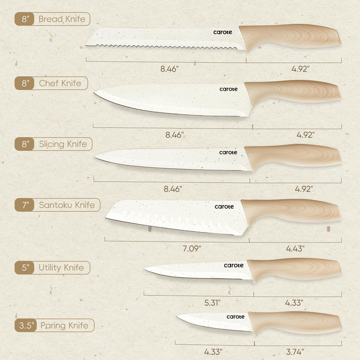 CAROTE 12PCS Knife set with Blade Guards,Granite Nonstick Ceramic Coating,Stainless Steel blade, Wood Grain Handle, Essential knife set,White