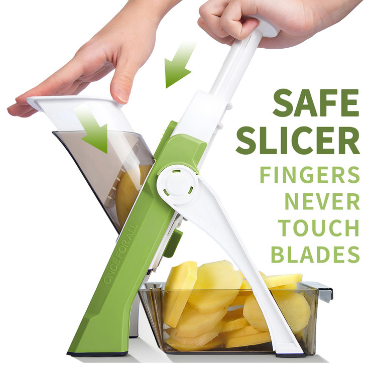 ONCE FOR ALL Safe Mandoline Slicer, Multi Vegetable Chopper, Potato Slicer for Kitchen, 4 Modes 100+ Presets Adjustable Thickness, French Fry Cutter