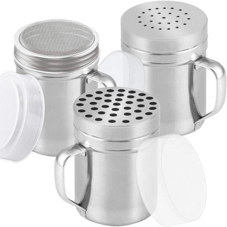 CUSINIUM [Set of 3] 6oz Stainless Steel Dredges With Handle - Fine Mesh + Medium Holes + Large Holes (For Coarse Seasonings)