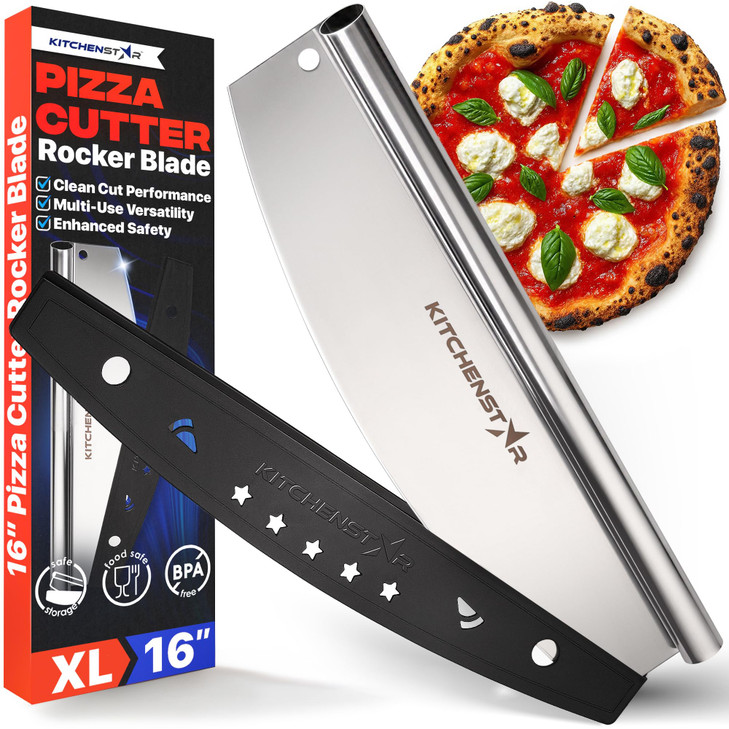 KitchenStar 16-Inch Pizza Cutter Rocker Blade - Sharp Stainless Steel Slicer Knife, Protective Cover, Dishwasher Safe, Large - Professional Pizza Ove