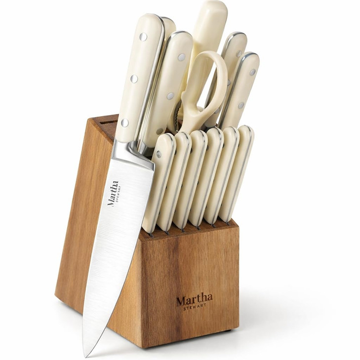 MARTHA STEWART Eastwalk 14 Piece High Carbon Stainless Steel Cutlery Kitchen Knife Block Set w/ABS Triple Riveted Forged Handle Acacia Wood Block - L