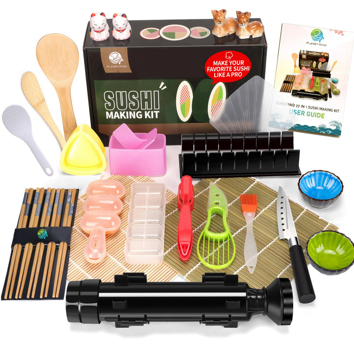 FUNGYAND Sushi Making Kit, 27-in-1 Professional Maker Set with Bazooka Roller, Nigiri & Musubi Presses, Bamboo Mats, Knife, Chopsticks, Ceramic Dishe