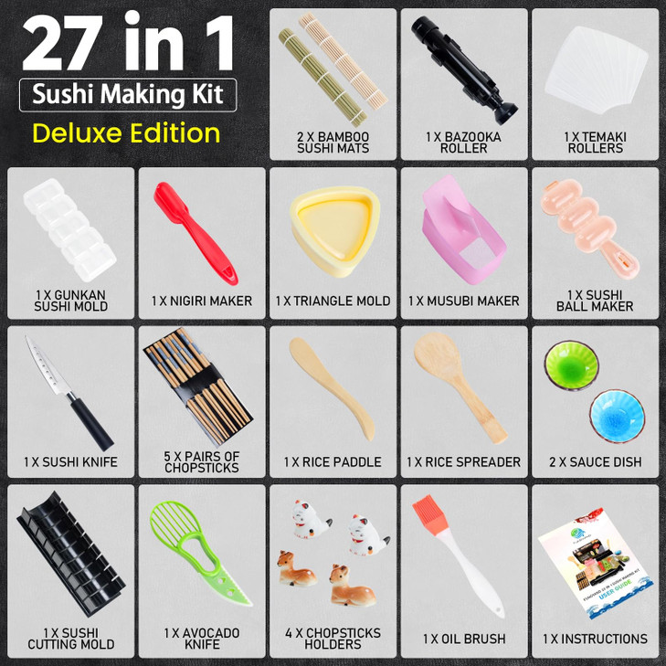 FUNGYAND Sushi Making Kit, 27-in-1 Professional Maker Set with Bazooka Roller, Nigiri & Musubi Presses, Bamboo Mats, Knife, Chopsticks, Ceramic Dishe