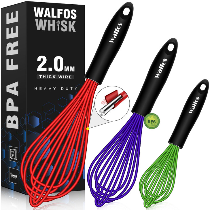Walfos Whisk,7+9+11in Silicone whisk, BPA free Whisks for Cooking Non Scratch. Heat Resistant(480°F) Wisk. Perfect for Blending, Mixing, Beating etc.