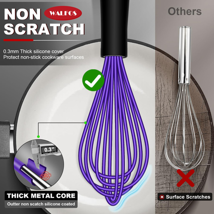 Walfos Whisk,7+9+11in Silicone whisk, BPA free Whisks for Cooking Non Scratch. Heat Resistant(480°F) Wisk. Perfect for Blending, Mixing, Beating etc.