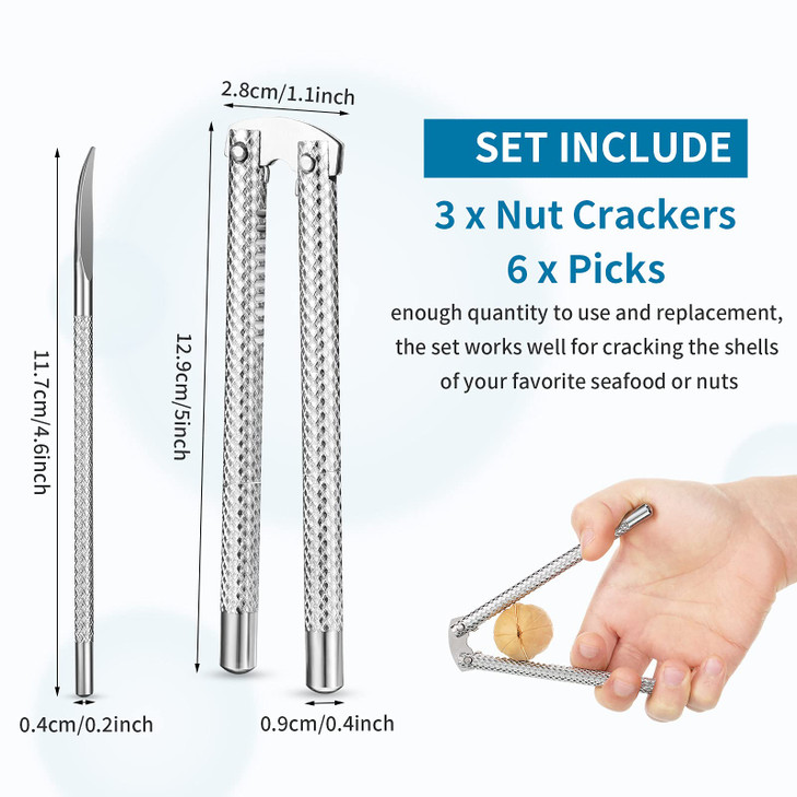 9 Pieces Nut Cracker Tool with 3 Nut Crackers and 6 Picks Stainless Steel Nutcracker Metal Shell Cracker for Seafood Nuts