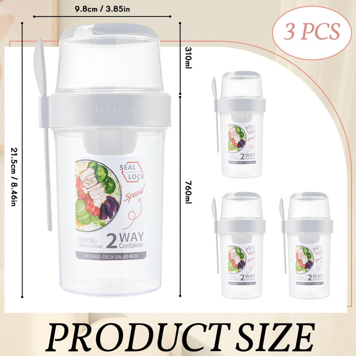 Mumufy 3 Pcs Salad Shaker Cup with Lids and Fork Fresh Salad Shaker Container for Lunch, Portable Breakfast Meal Vegetable and Fruits (White)