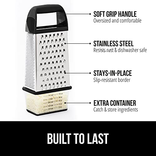 GORILLA GRIP XL 4-Sided Cheese Grater With Container, 100% BPA-Free Stainless Steel Box Graters, Parmesan Shredder, Grate Cheeses, Shred Veggies, Sli