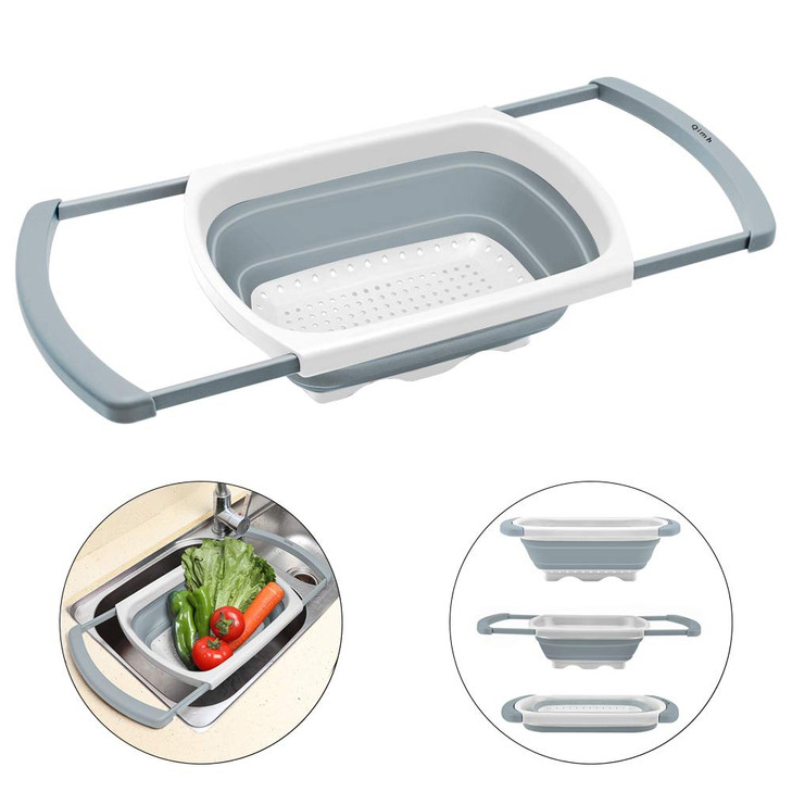 Qimh Collapsible Colander | Over The Sink Silicone Kitchen Strainers and Colanders with Extendable Handles | Veggies, Fruit and Pasta Foldable Strain