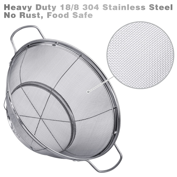 3 Pack 18/8 Stainless Steel Colander Sieves(5-Quart, 4-Quart and 3-Quart), Mesh Strainer Net Baskets with Handles & Resting Base for Strain, Drain, R