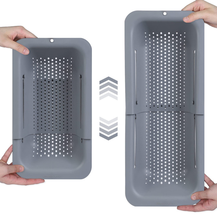 BLUE GINKGO Over the Sink Colander Strainer Basket - Wash Vegetables and Fruits, Drain Cooked Pasta and Dry Dishes - Extendable - New Home Kitchen Es