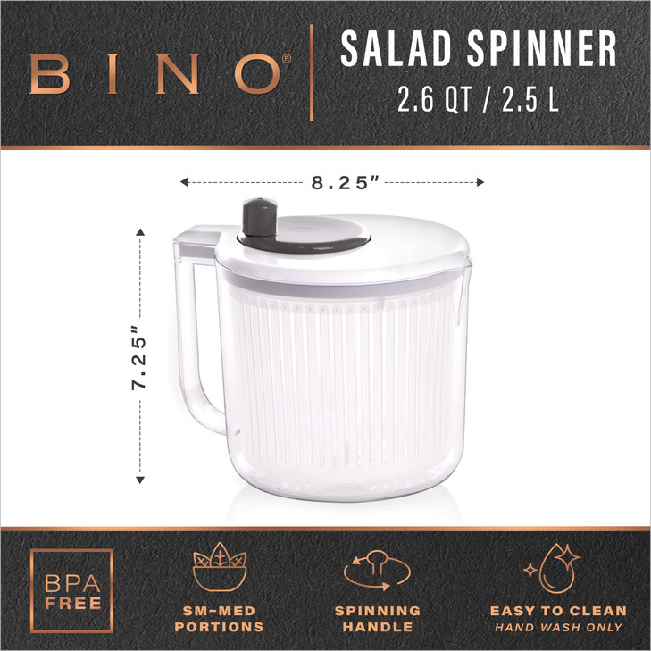 BINO | Salad Spinner - 2.6 Qt | Small Manual Lettuce Spinner with Built-in Draining System | Salad Spinner, Colander, and Water Pitcher in One | Frui
