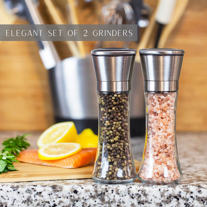 Gorgeous Salt And Pepper Grinder Set - Refillable Stainless Steel Combo Shakers With Adjustable Coarse Mills - Enjoy Your Favorite Spices, Fresh Grou