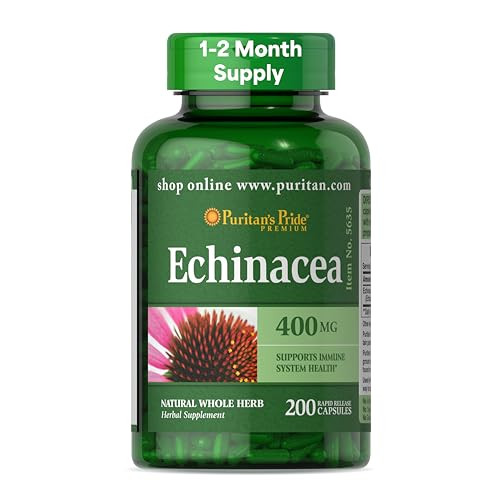 Puritan's Pride Premium Echinacea Natural Whole Herb Herbal Supplement 400mg, Dietary Supplement for Health, Immune System Support, 200 Rapid Release