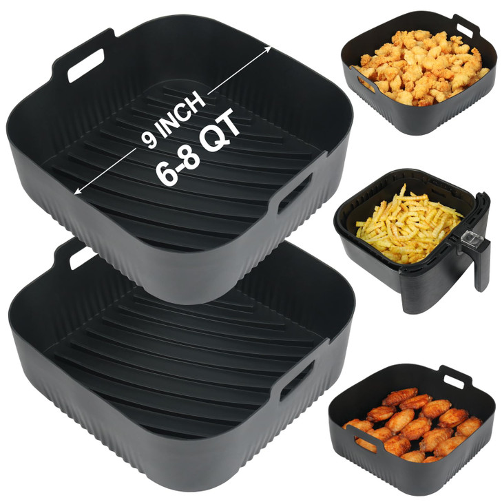 BYKITCHEN 9 Inch Square Silicone Air Fryer Liners for 6 to 8QT, Set of 2, Reusable Silicone Airfryer Tray Insert, Air Fryer Accessories for Corsori 6