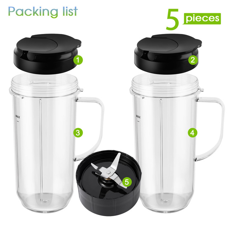 5-piece Magic Bullet Blender Cups, Tall 22oz Cup with Flip-Top To-Go Lid, Cross Blade, Blender Replacement Parts, Mug with Handle Compatible with Mag