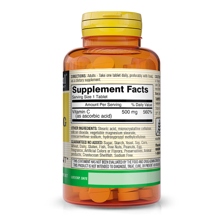 Mason Natural Vitamin C 500 mg, Daily Dietary Supplement with Essential Nutrient to Support Immune Function & Overall Wellness, 100 Tablets (Pack of