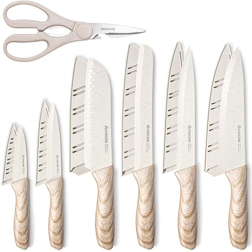 Astercook Knife Set, 13 Pieces Kitchen Knives Set with Ceramic Coating, Stainless Steel Chef Knife Sets with 6 Blade Guards, Dishwasher Safe Knives w