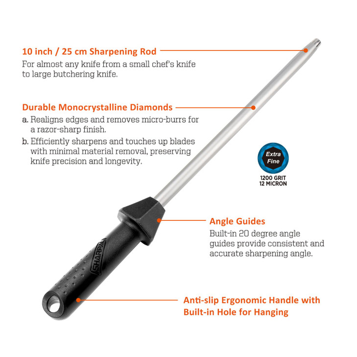 SHARPAL 119N Diamond Sharpening Steel  Professional Solid Knife Sharpener Honing Rod with Built-In Angle Guides, Sharpens, Realigns, and Polishes Ed