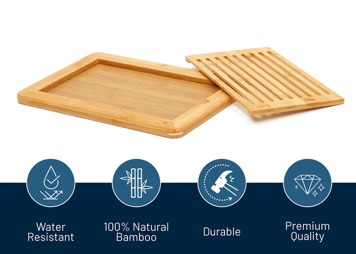 RoyalHouse Large Premium Natural Bamboo Bread Cutting Board with Crumb Tray, Bread Serving Tray for Kitchen