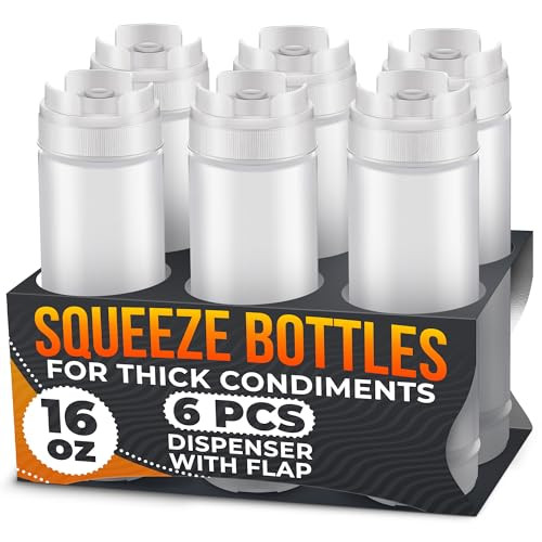 Set of 6 Inverted Condiment Squeeze Bottles for Sauces 16 oz  Easy-to-Fill Clear Bottles with Self-Closing Valve for Dressings, Ketchup, Mustard - D