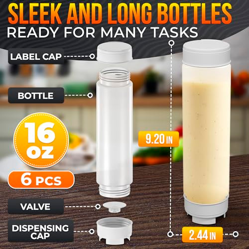 Set of 6 Inverted Condiment Squeeze Bottles for Sauces 16 oz  Easy-to-Fill Clear Bottles with Self-Closing Valve for Dressings, Ketchup, Mustard - D