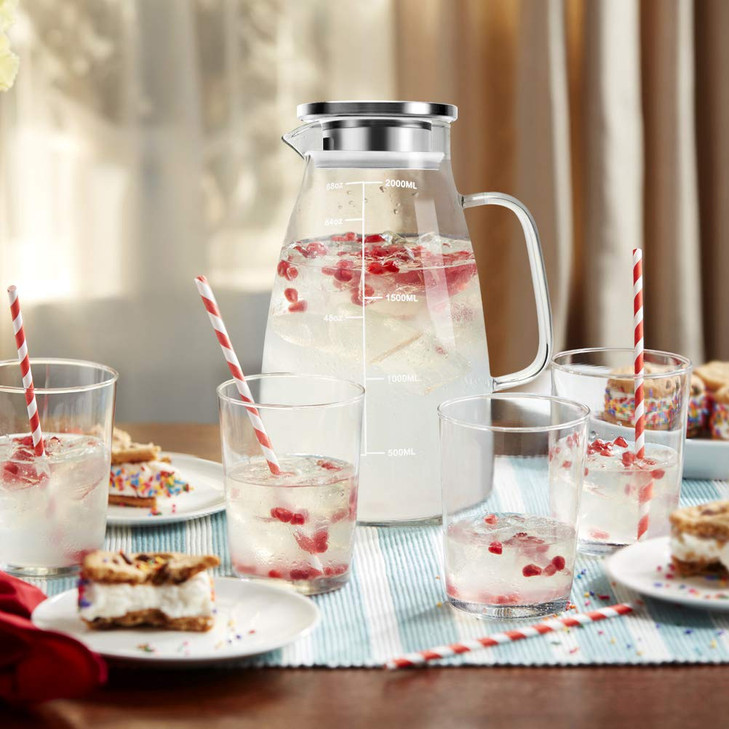 Aofmee Glass Pitcher with Lid, 68oz Water Pitcher with Handle and Precise Scale Line, Stainless Steel Iced Tea Carafe, Heat Resistant Borosilicate Ju