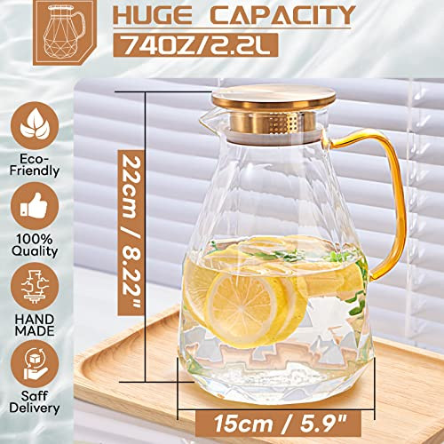 Yirilan Glass Pitcher, 2.2 Liter Water Pitcher With Lid,Iced Tea Pitcher for Fridge,Carafe With Lid, Glass Water Jug For Juice, Milk, Cold Or Hot Bev