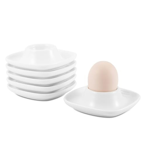 Flexzion Soft Boiled Egg Holder Set - Egg Cups for Soft Boiled Eggs British - Set of 6 Ceramic Egg Holder - Stackable Egg Coddler Cups with Base for
