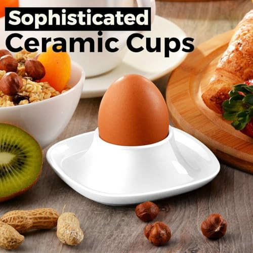 Flexzion Soft Boiled Egg Holder Set - Egg Cups for Soft Boiled Eggs British - Set of 6 Ceramic Egg Holder - Stackable Egg Coddler Cups with Base for