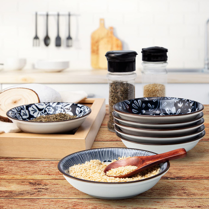 Eisinly Dipping Bowls, Soy Sauce Dish Ceramic, 3 OZ Small Serving Bowls for Side Dishes Vintage Blue Stylish Design, Set of 6 Mini Appetizer Plates f