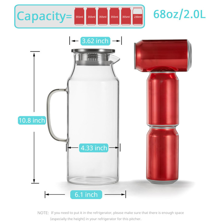 Bivvclaz 2 Liter 68 oz Glass Pitcher with Lid and Handle, Glass Carafe for Hot/Cold Water, Large Iced Tea Pitcher for Coffee, Juice and Homemade Beve