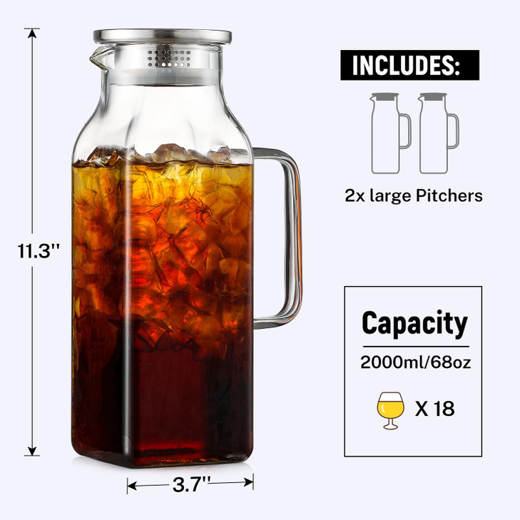 Netany 2 Pack 2 Liters/68 oz Square Glass Pitcher with Lid and Handle for Fridge, Iced Tea and Coffee Carafe Beverage Serveware, Heat Resistant Boros