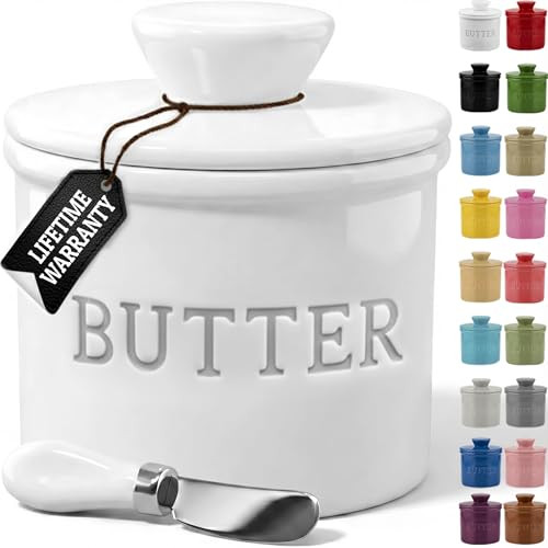 Priority Chef Butter Crock with Lid with Water Line, Ceramic French Butter Dish to Leave On Counter, White