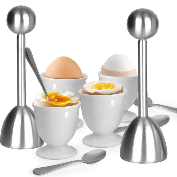 vibedor Egg Cups and Egg Cracker Set for Soft Boiled Eggs, 2 Stainless Steel Egg Cutter, 4 Stainless Stain Spoons and 4 Ceramic Egg Stands in Kitchen