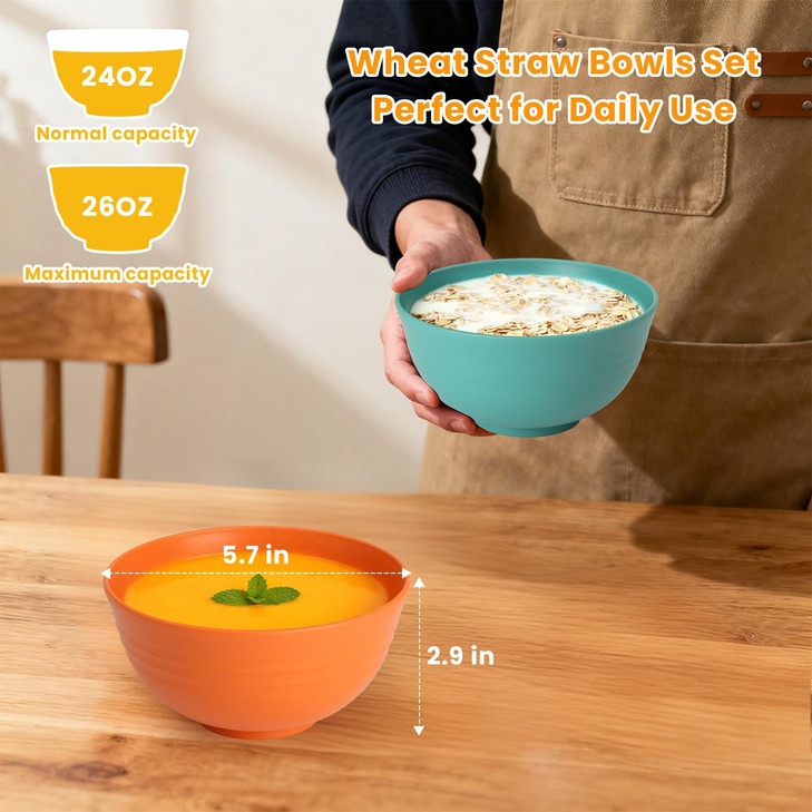 Homienly Plastic Bowls Alternative, Unbreakable Wheat Straw Cereal Bowls 8 PCS - Microwave & Dishwasher Safe Bowl for Cereal, Snack, Rice, Salad, Sou