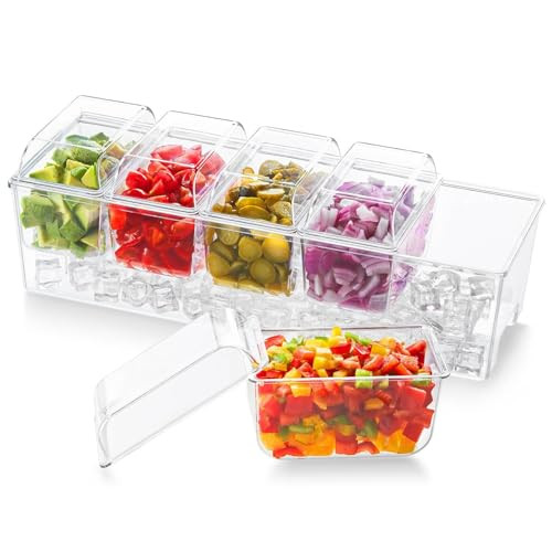 Lifewit Ice Chilled Condiment Caddy with 5x 20 oz Containers, Condiment Server with Separate Lid, Serving Tray Platter with Removable Dishes for Bar,