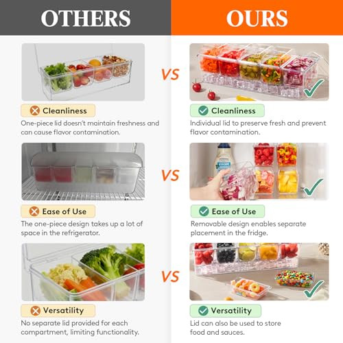 Lifewit Ice Chilled Condiment Caddy with 5x 20 oz Containers, Condiment Server with Separate Lid, Serving Tray Platter with Removable Dishes for Bar,