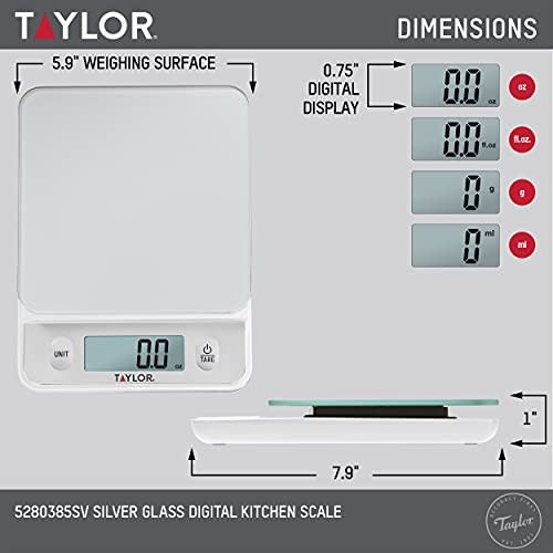 Taylor Glass Top Food Scale with Touch Controls, 11 lb Capacity, Sleek Silver Design, Accurate and Easy-to-Use Scale for Cooking and Baking