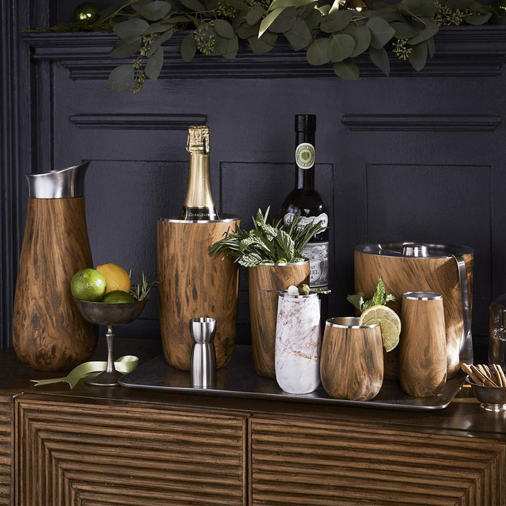 Swell Stainless Steel Ice Bucket with Tongs, 68oz Capacity, Teakwood Finish, Triple-Layer Vacuum Insulated to Keep Ice Colder Longer, BPA-Free Barwa