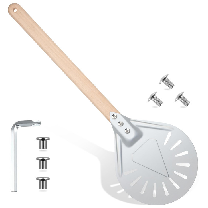 Pizza Turning Peel Perforated Pizza Turner Round Metal Aluminum Turning Peel Paddle with 16 Inch Anti-scalding Non-slip Durable Wooden Handle for Hom