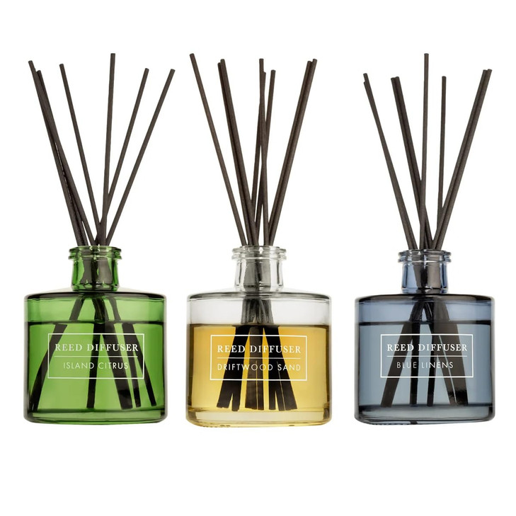 Bellevue Reed Diffuser Set, Three 6 fl oz Glass Filled Diffuser, Highly Concentrated Fragrances with Essential Oils, Home Fragrance (Island Citrus, D