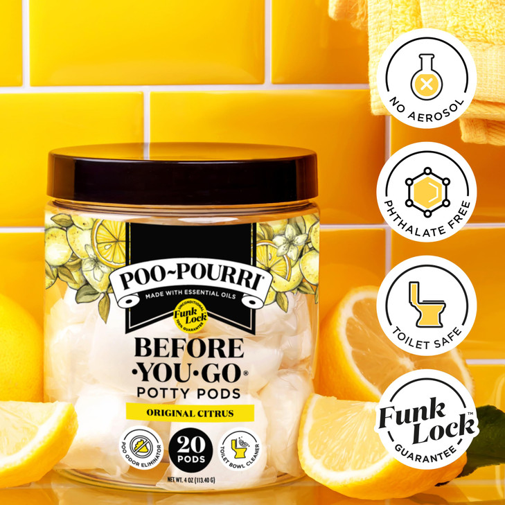 Poo-Pourri Before-You-Go 2-in-1 Toilet Potty Pods, Original Citrus, 20 Ct, Bathroom Odor Deodorizer and Toilet Cleaner with Essential Oils, Lemon, Be